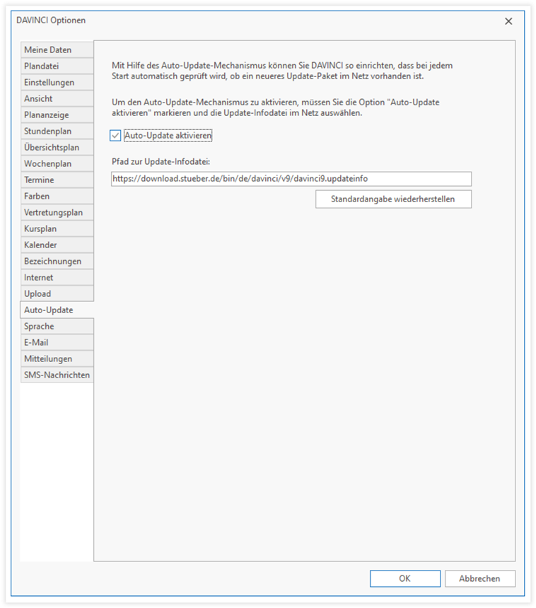 Die Ansicht `Auto-Update` im Dialogfenster DaVinci Optionen Die Ansicht Auto-Update im Dialogfenster DaVinci Optionen