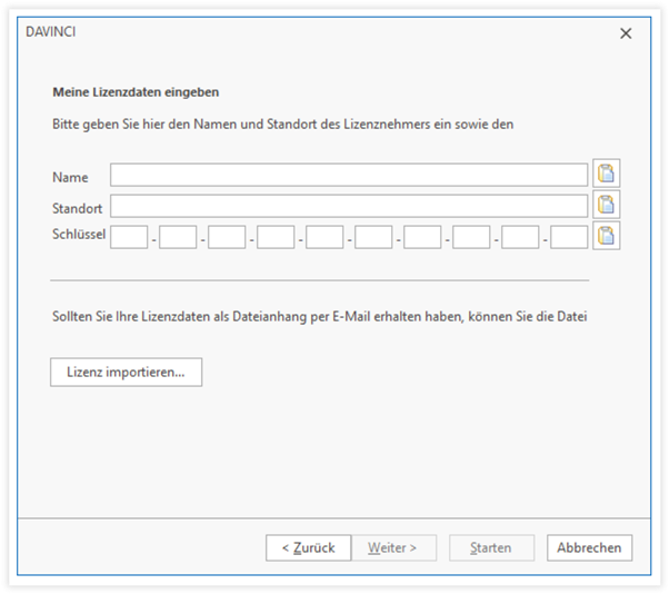 Meine Lizenzdaten eingeben Eine Testlizenz eingeben