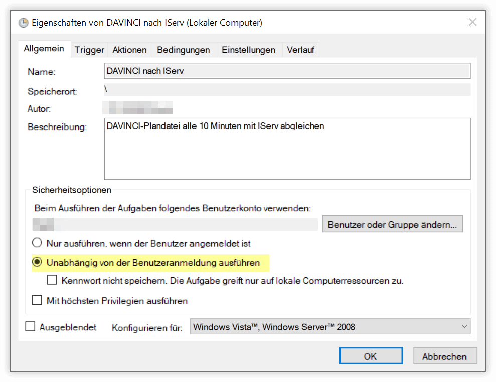 Unabhängig von der Benutzeranmeldung Unabhängig von der Benutzeranmeldung
