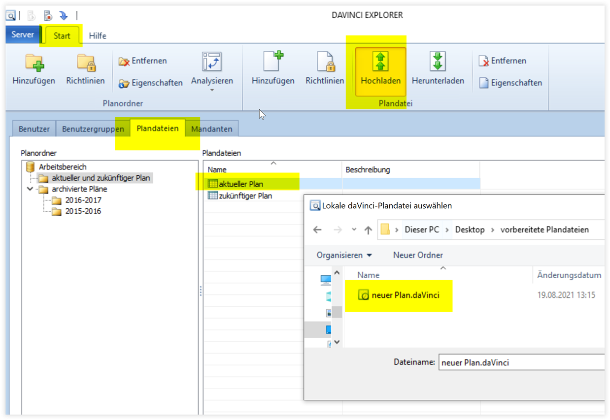 Plandatei auf Platzhalter hochladen