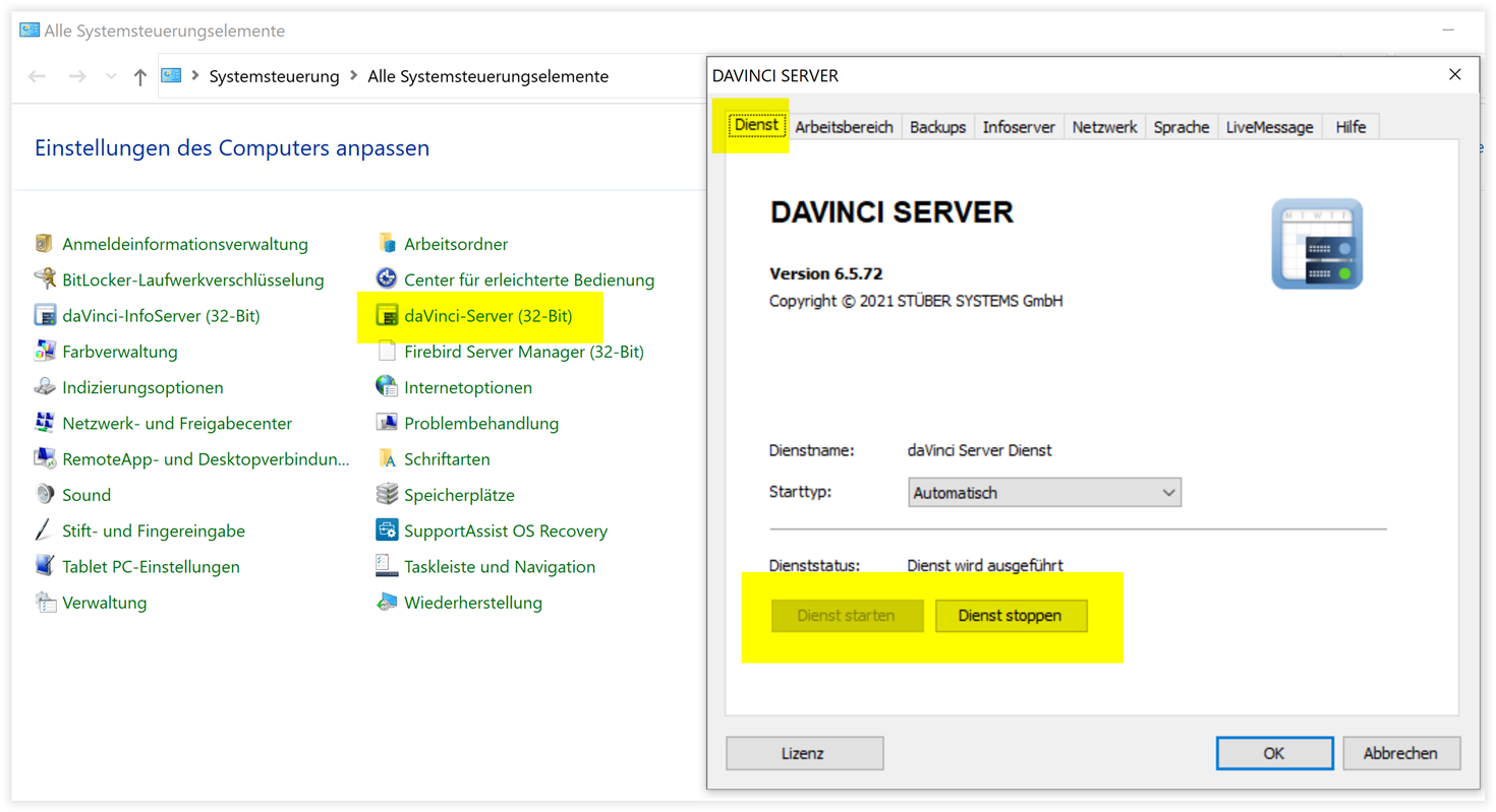 DaVinci Serverdienst stoppen und neu starten