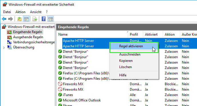 Eingehende Regeln  "Apache HTTP Server" aktivieren