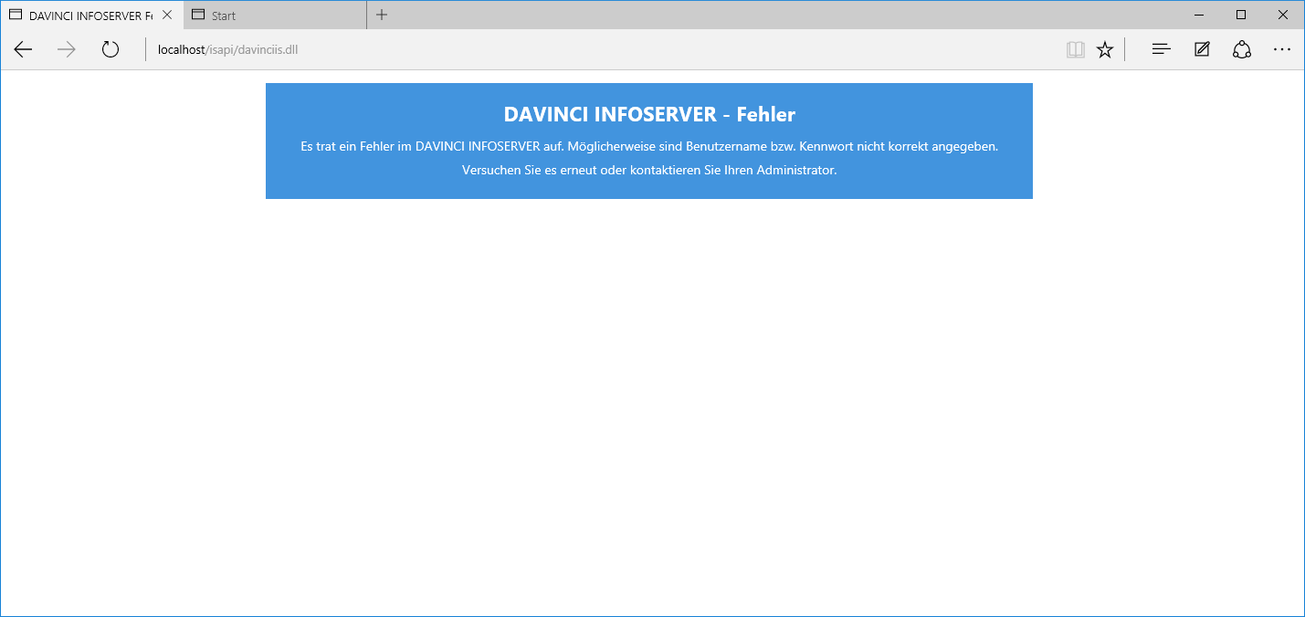 Fehlerseite des DaVinci INFOSERVERS