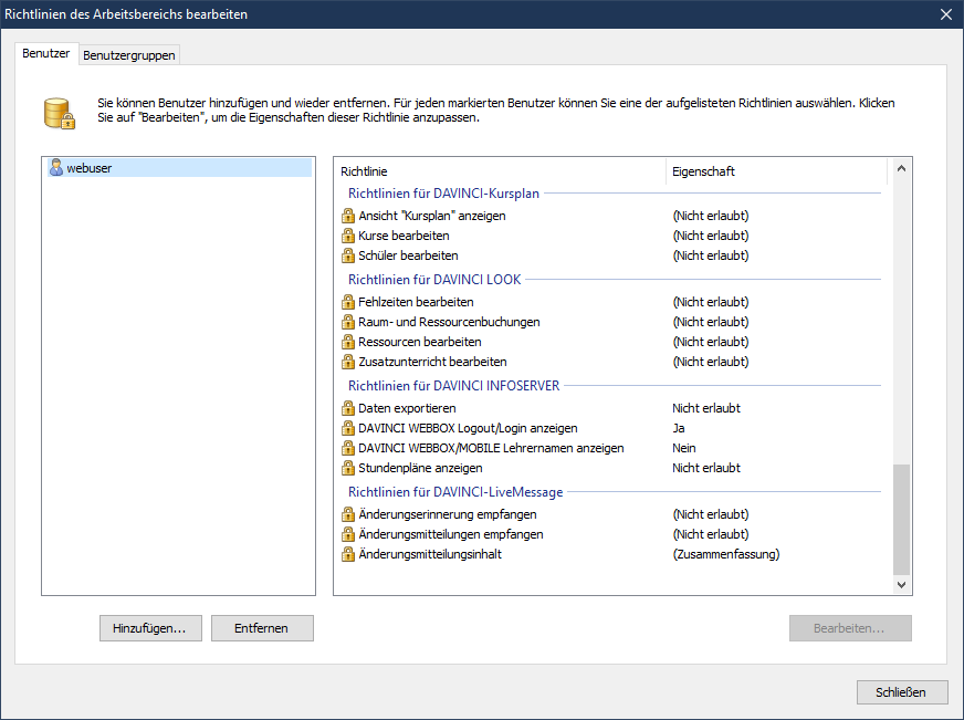 empfohlene Einstellungen für den Webuser