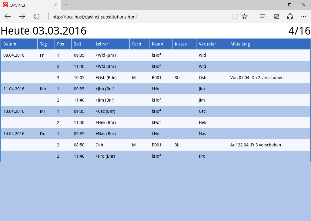 "Eine Vertretungsplanliste in der DaVinci-WebBox"