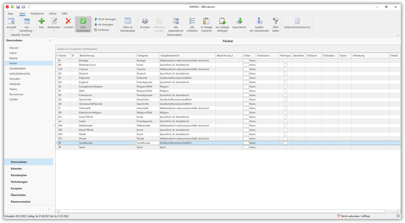 Stammdatenfenster Fächer Stammdatenfenster Fächer