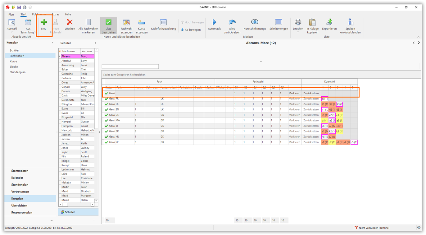 Fachwahlen eines Schülers Fachwahlen eines Schülers