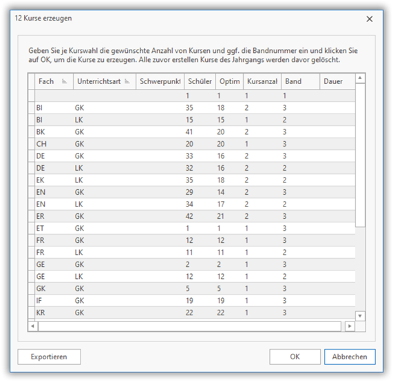 Kurse erzeugen Kurse erzeugen