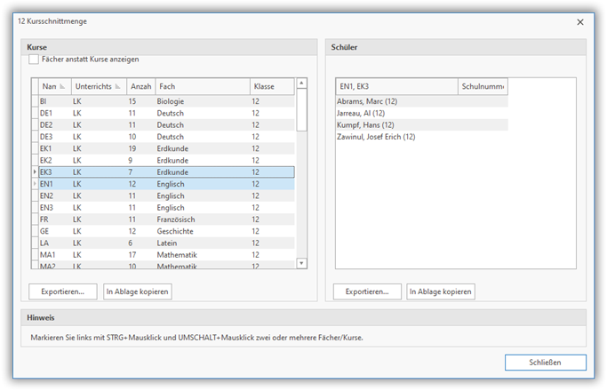 Kursschnittmenge Kursschnittmenge