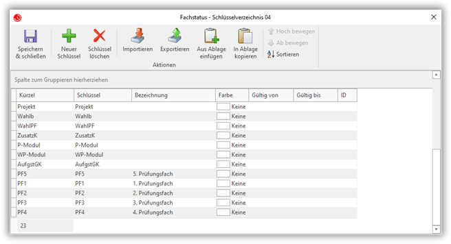 Schlüsselverzeichnis "Fachstatus" Schlüsselverzeichnis "Fachstatus"