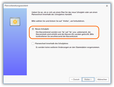 Option "Neues Schuljahr" Option "Neues Schuljahr"