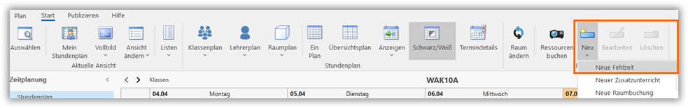 Der Befehl `Neue Fehlzeit` Der Befehl Neue Fehlzeit