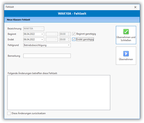 Neue Fehlzeit im gleichnamigen Dialogfenster eingeben Neue Fehlzeit im gleichnamigen Dialogfenster eingeben