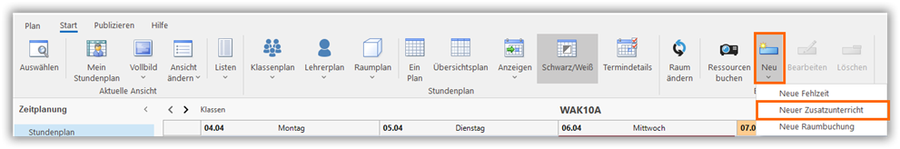 Der Befehl `Neuer Zusatzunterricht` Der Befehl Neuer Zusatzunterricht