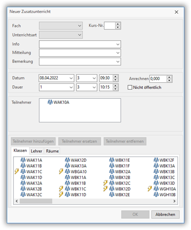 Dialogfenster `Zusatzunterricht` Dialogfenster Zusatzunterricht