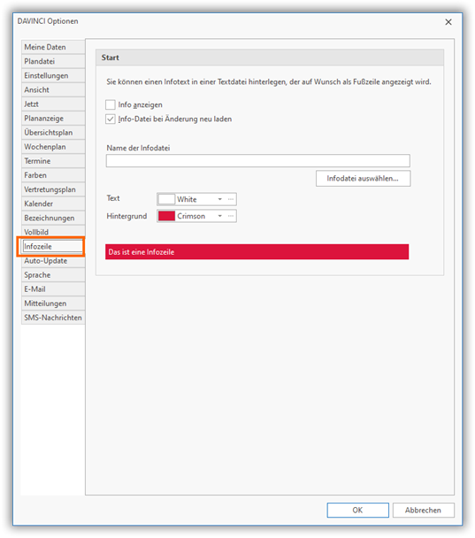Einstellungen für die Infozeile Einstellungen für die Infozeile