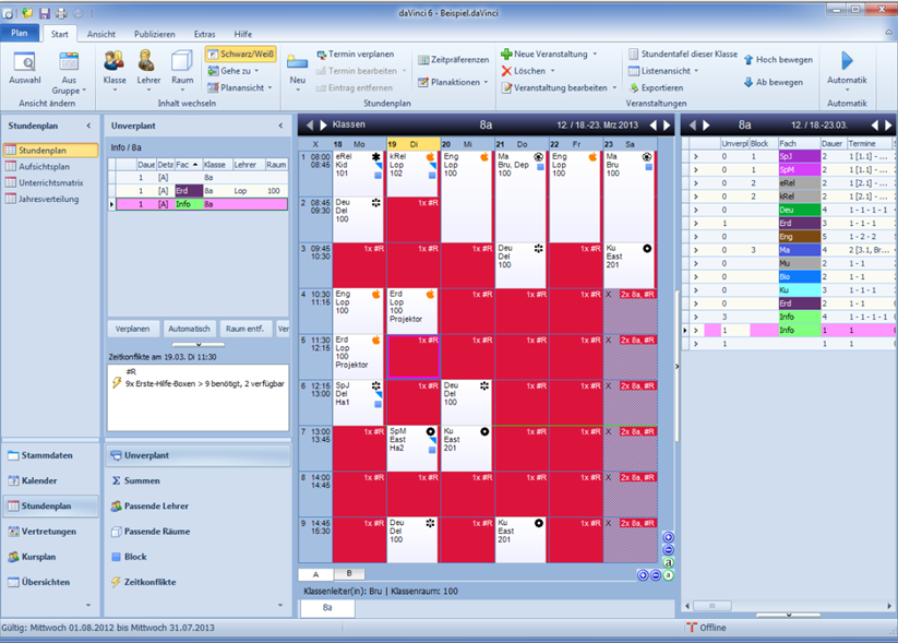 In der Ansicht "Stundenplan" werden Ressourcenkonflikte mit "#R" angezeigt