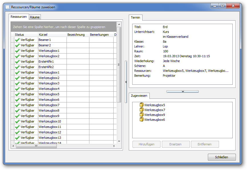 Ressourcen/Räume buchen in der DaVinci.Look Ansicht „Stundenplan“