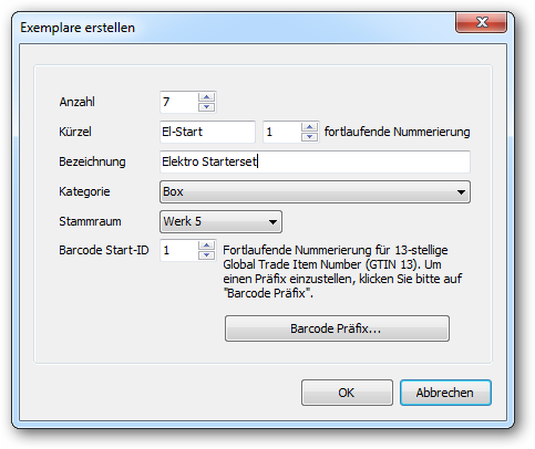 Dialogfenster “Exemplare erzeugen” zum Erzeugen mehrerer Exemplare einer Kategorie"