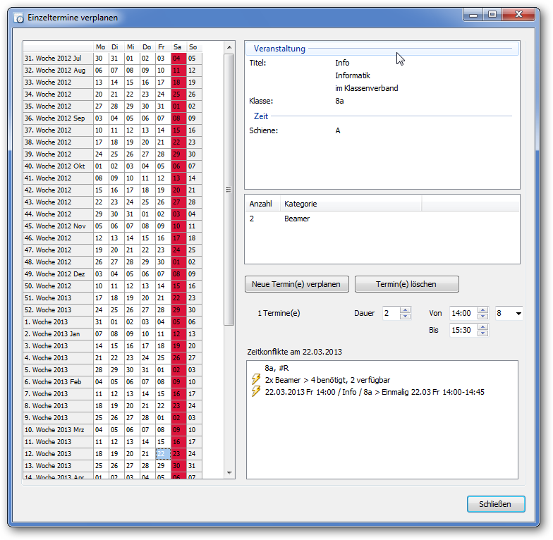 Dialogfenster "Einzeltermine verplanen"