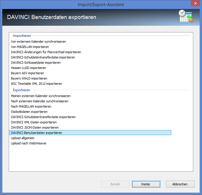 Export der DaVinci Benutzerdaten auswählen