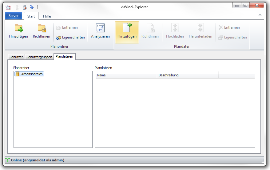 Die Registerkarte für Plandateien