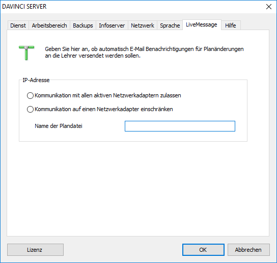 Registerkarte "Livemessage"