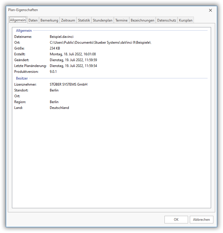 Planeigenschaften Planeigenschaften