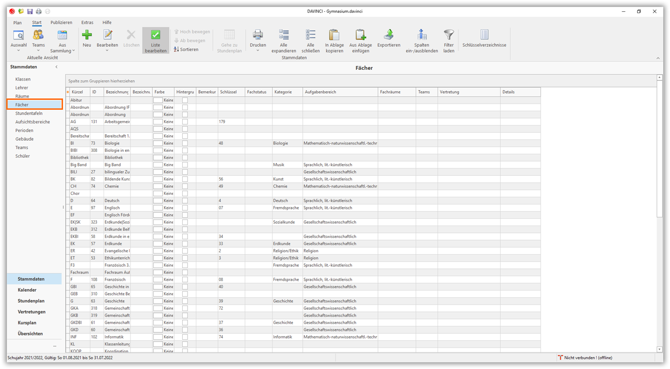 Stammdaten Fächer Stammdaten Fächer