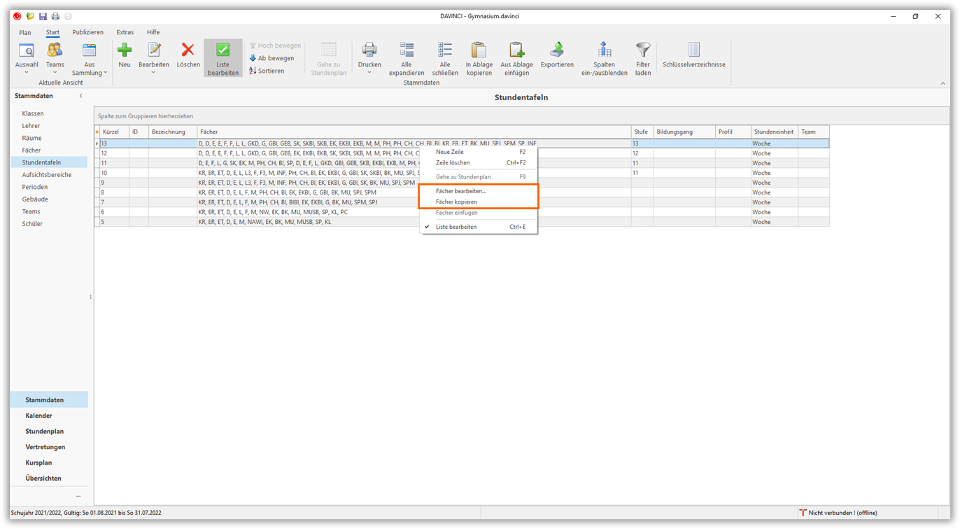 Stammdaten Stundentafeln Stammdaten Stundentafeln