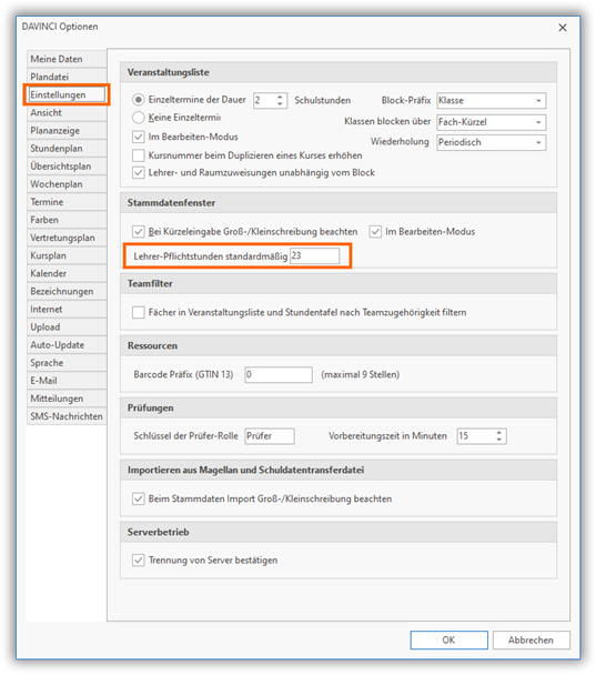 DaVinci Optionen, Bereich Einstellungen DaVinci Optionen, Bereich Einstellungen