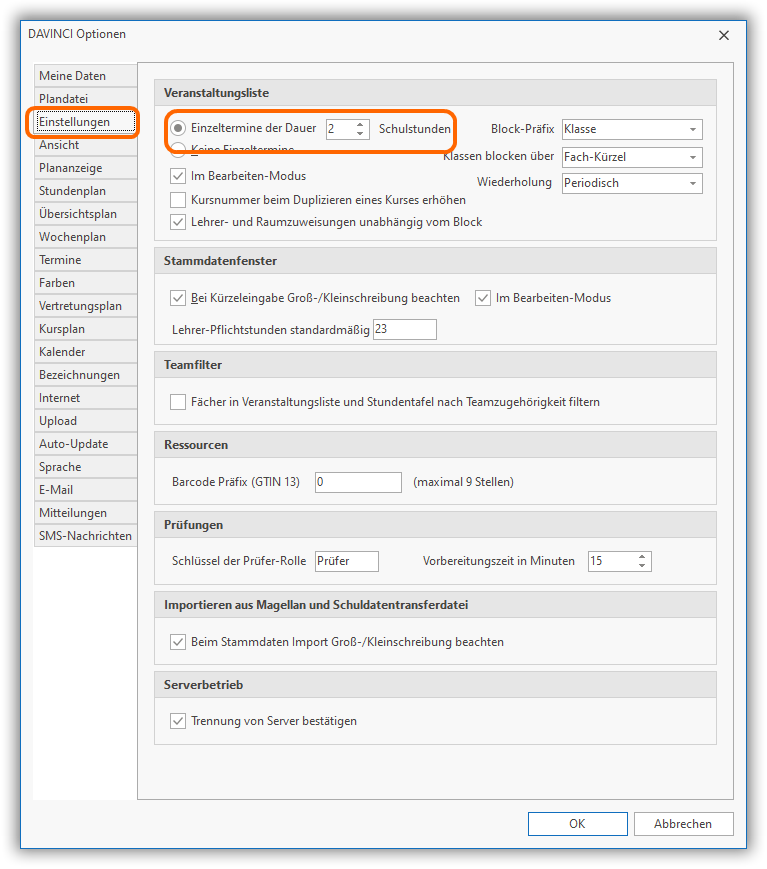 Optionen Veranstaltung bearbeiten