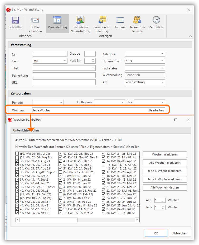Wochen bearbeiten Wochen bearbeiten