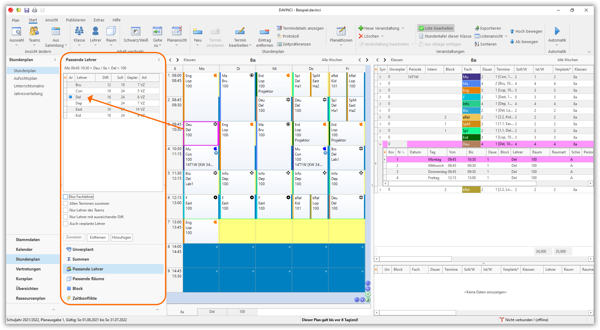 Zusatzfenster `Passende Lehrer` Zusatzfenster Passende Lehrer