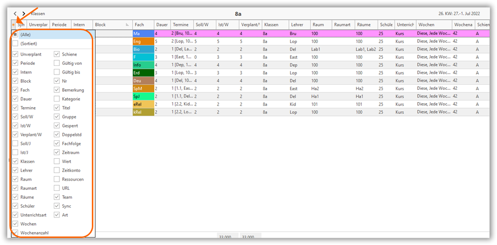 Spalten ein- und ausblenden Ansicht > Spalten ein-/ausblenden
