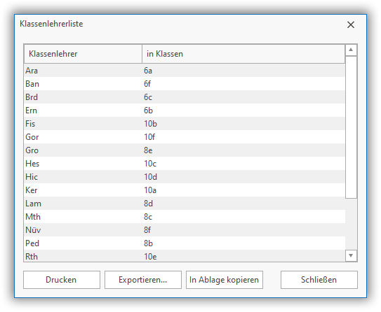 Klassenlehrerliste Klassenlehrerliste