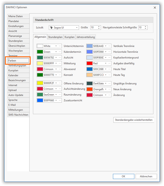 Optionen > Farben Optionen > Farben
