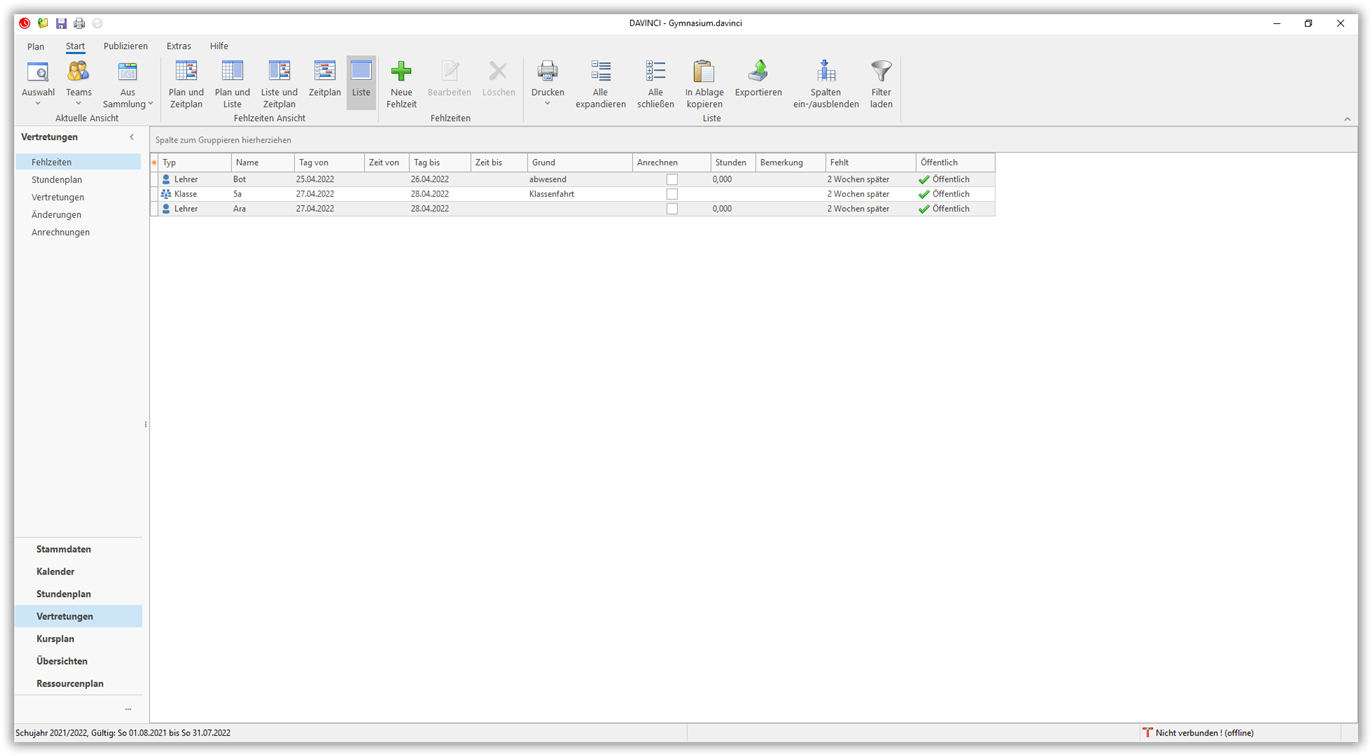 Darstellung der Fehlzeiten als Liste Darstellung der Fehlzeiten als Liste