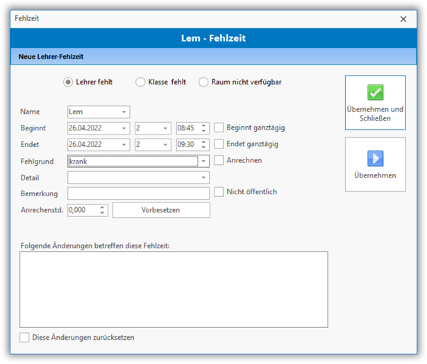 Das Dialogfenster Fehlzeit Das Dialogfenster "Fehlzeit"