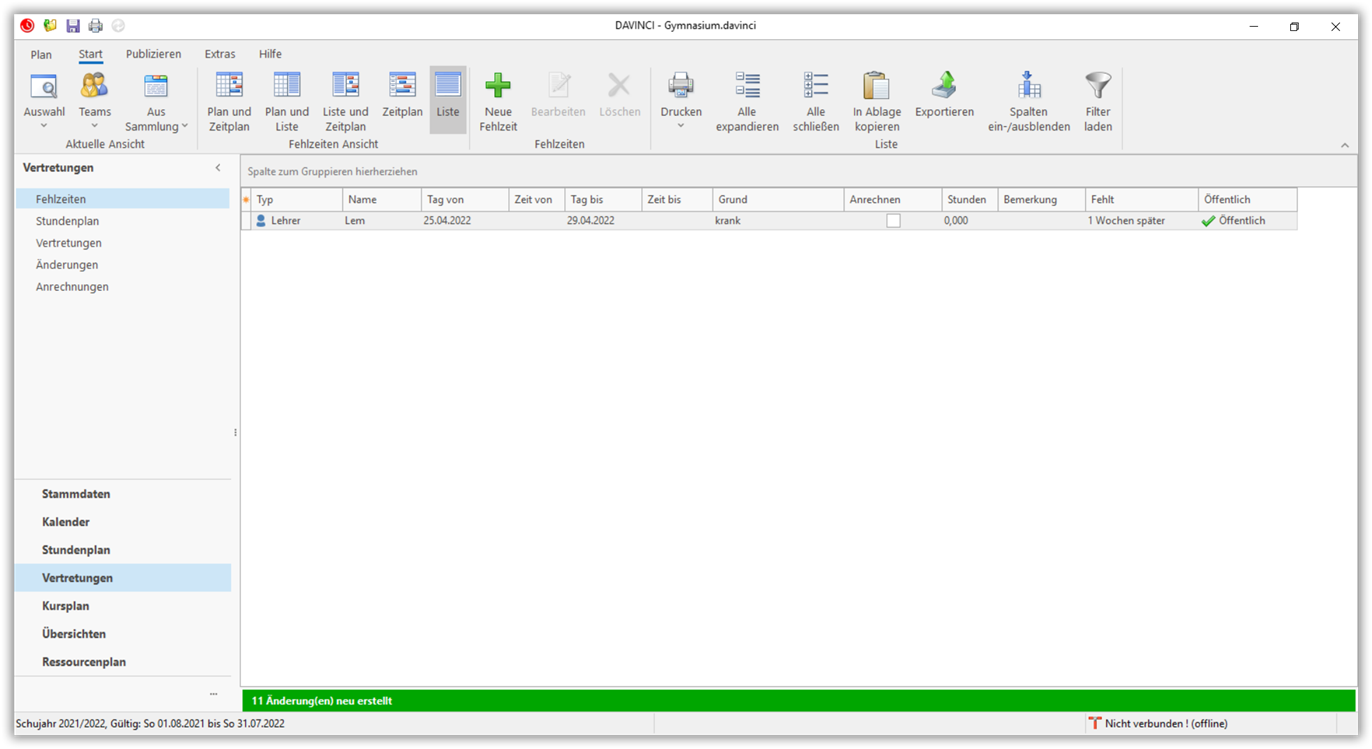 Fehlzeit in Liste Fehlzeit in
