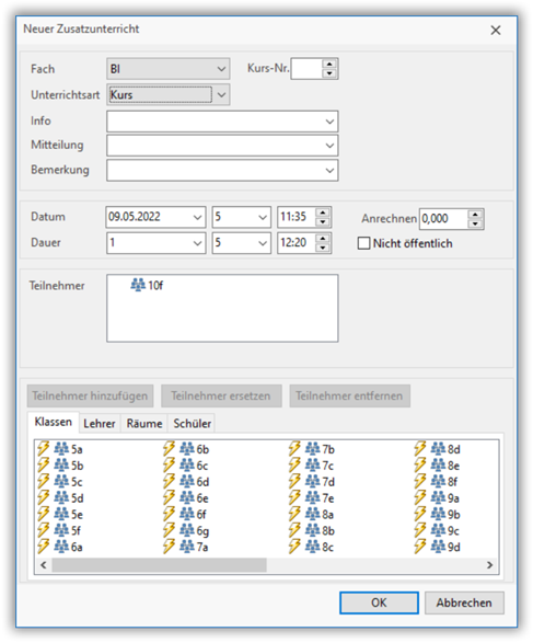 Zusatzunterricht einfügen Zusatzunterricht einfügen