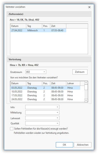 Dialogfenster „Vertreter vorziehen“ Dialogfenster „Vertreter vorziehen“