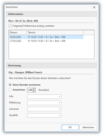 Folgende Fehltermine analog vertreten Folgende Fehltermine analog vertreten